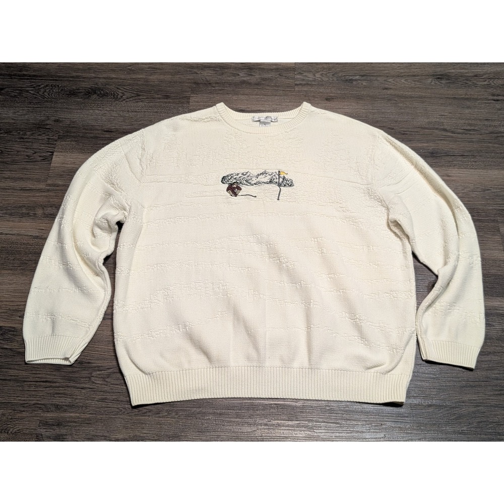 Cypress Links Mens XL Off White Textured Knit Embroidered Golf Mountain Sweater